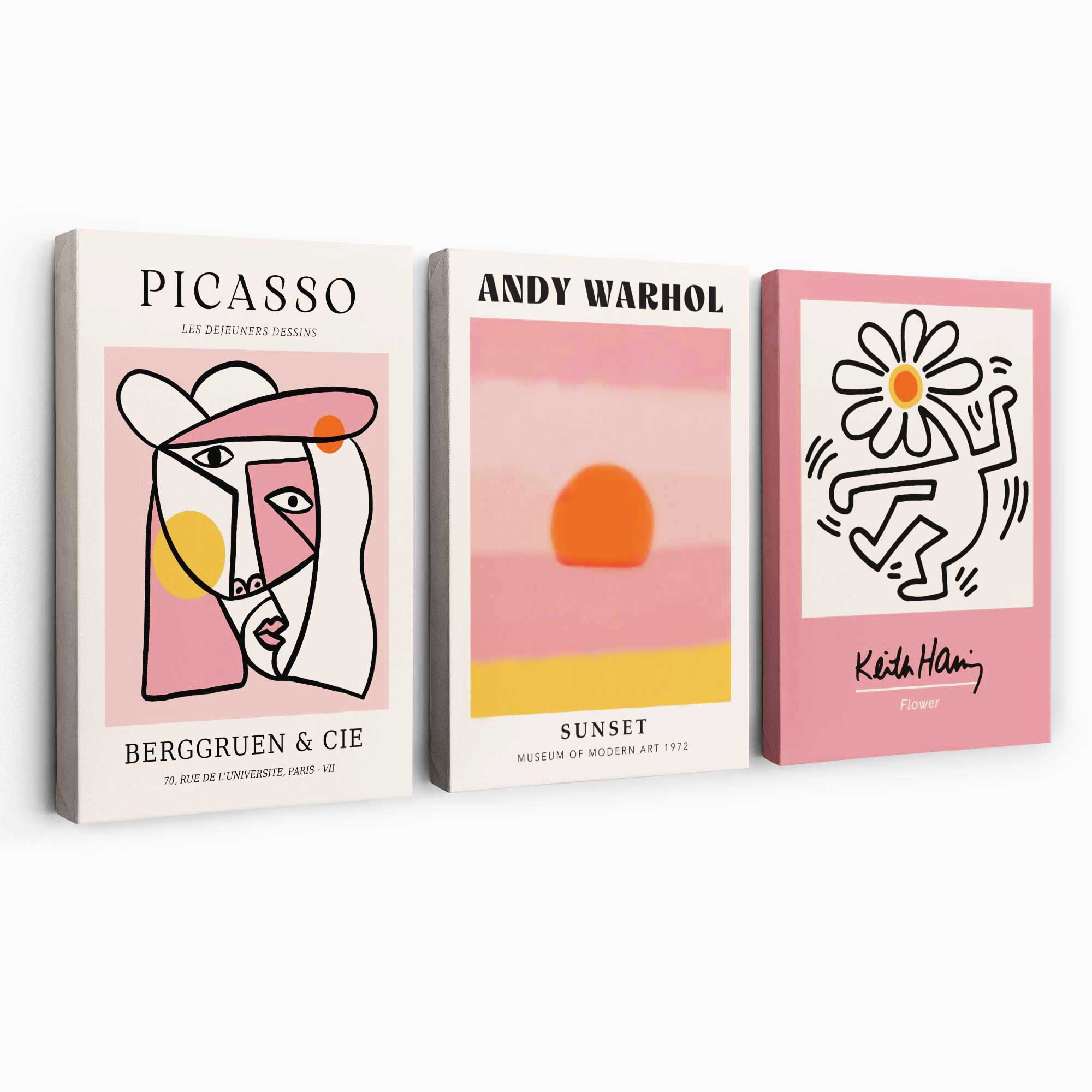 Set of 3 Abstract Picasso Warhol Haring Pink Canvas Art Prints | Artze Wall Art