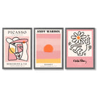 Set of 3 Abstract Picasso Warhol Haring Pink Framed Art Prints with Dark Grey Wooden Frames