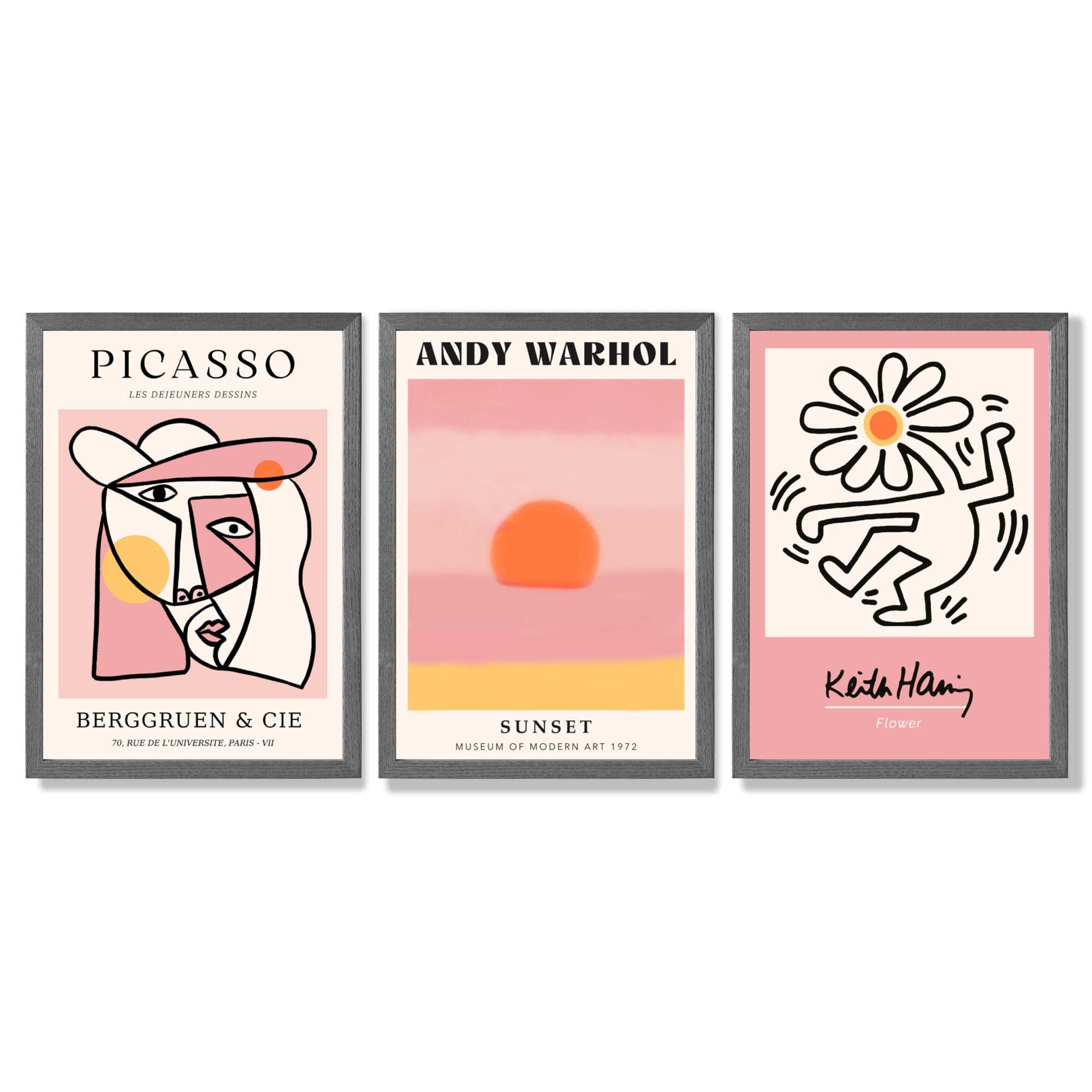 Set of 3 Abstract Picasso Warhol Haring Pink Framed Art Prints with Dark Grey Wooden Frames