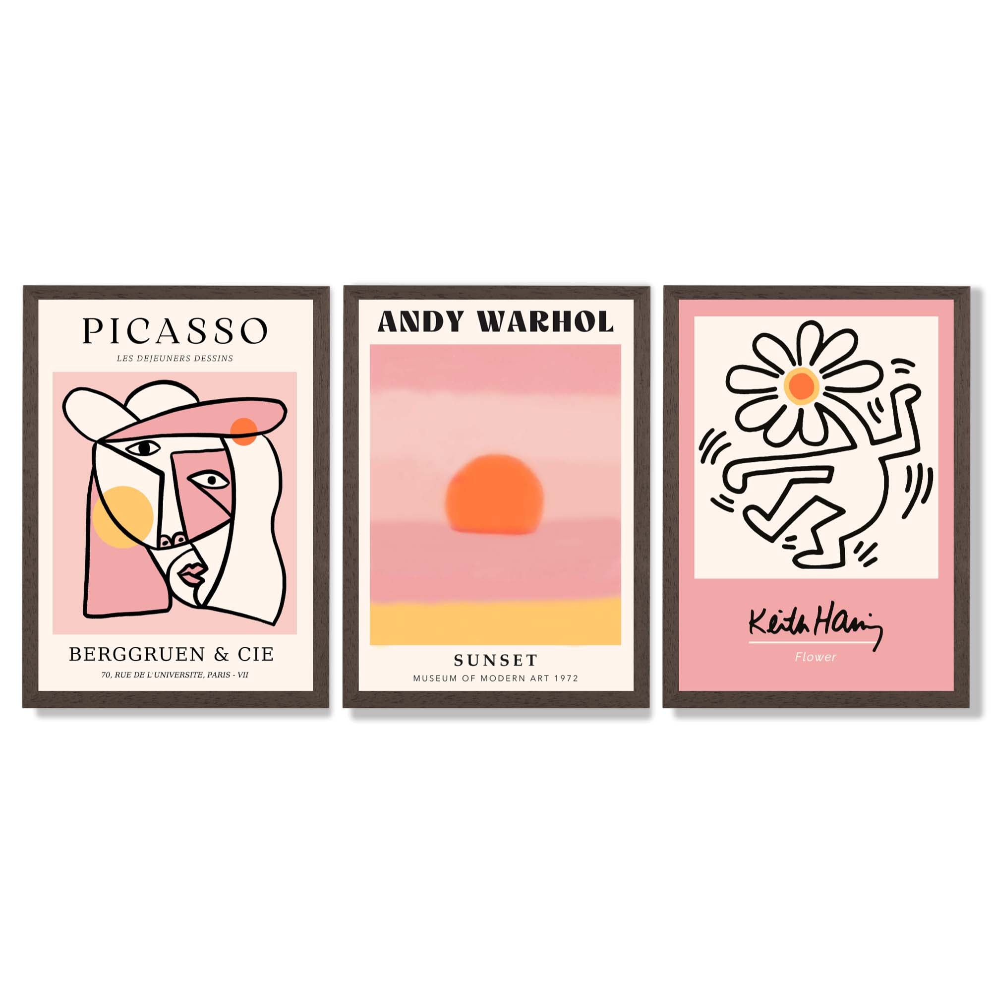 Set of 3 Abstract Picasso Warhol Haring Pink Framed Art Prints with Dark Wood Frames