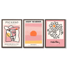 Set of 3 Abstract Picasso Warhol Haring Pink Framed Art Prints with Dark Wood Frames