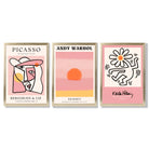 Set of 3 Abstract Picasso Warhol Haring Pink Framed Art Prints with Gold Wood Frames