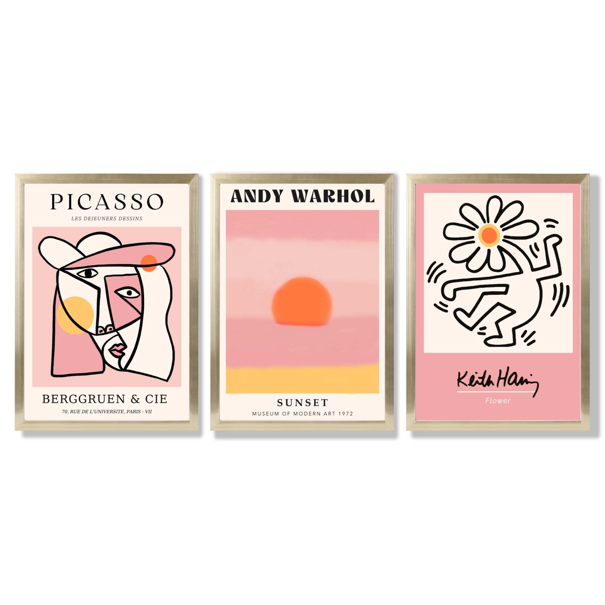 Set of 3 Abstract Picasso Warhol Haring Pink Framed Art Prints with Gold Wood Frames
