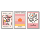 Set of 3 Abstract Picasso Warhol Haring Pink Framed Art Prints with Light Grey Wooden Frames