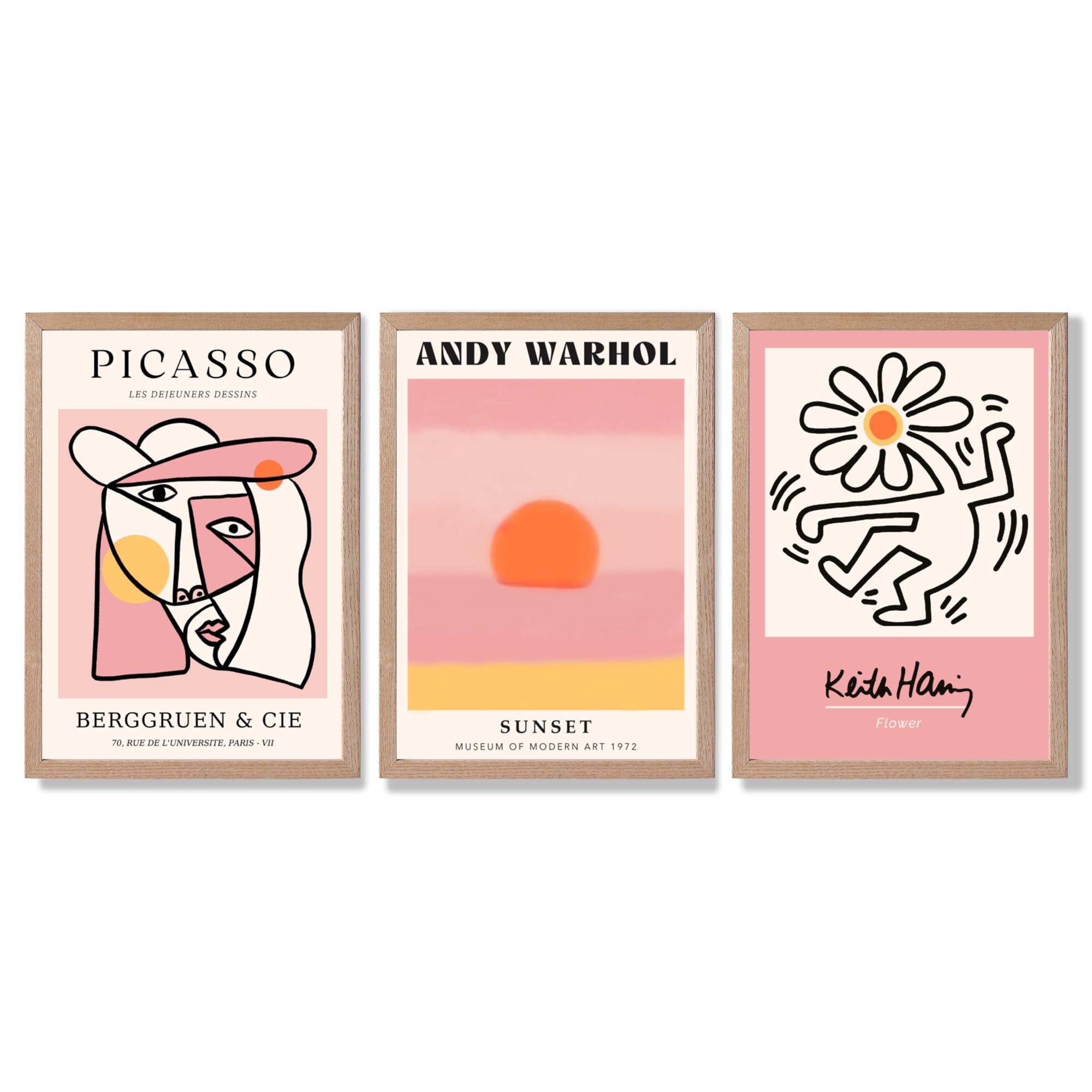 Set of 3 Abstract Picasso Warhol Haring Pink Framed Art Prints with Light Oak Frames