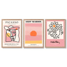 Set of 3 Abstract Picasso Warhol Haring Pink Framed Art Prints with Light Oak Frames