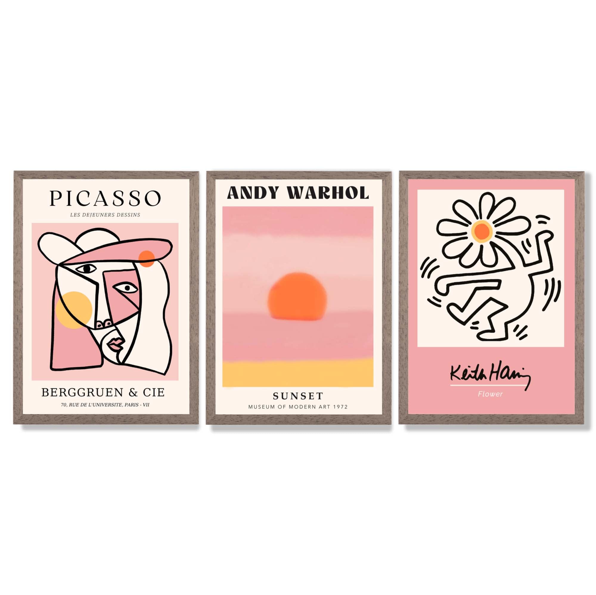 Set of 3 Abstract Picasso Warhol Haring Pink Framed Art Prints with Light Walnut Frames