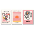 Set of 3 Abstract Picasso Warhol Haring Pink Framed Art Prints with Light Walnut Frames