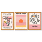 Set of 3 Abstract Picasso Warhol Haring Pink Framed Art Prints with Oak Wooden Frames