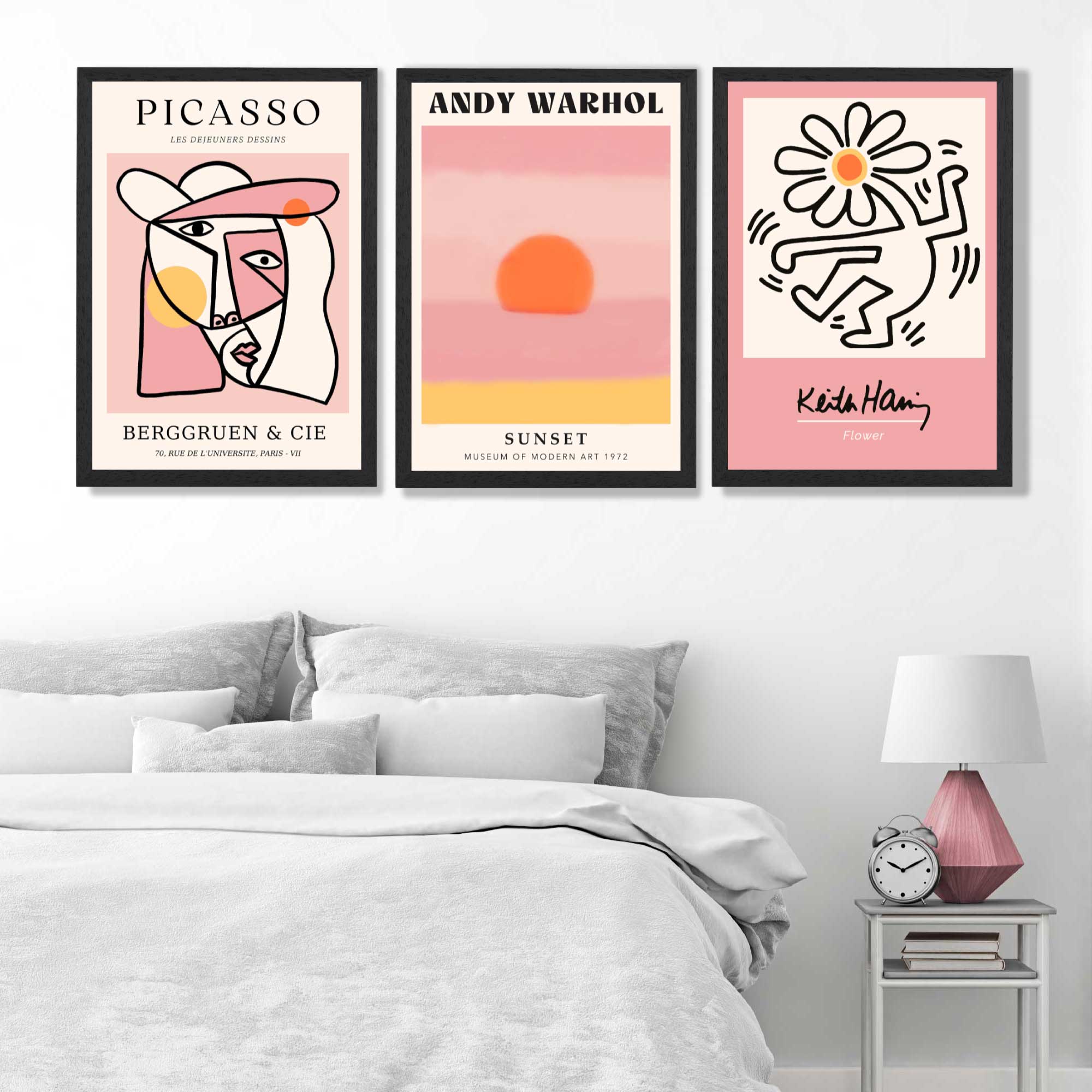 Set of 3 Abstract Picasso Warhol Haring Pink Framed Art Prints in Luxury Frames | Artze UK