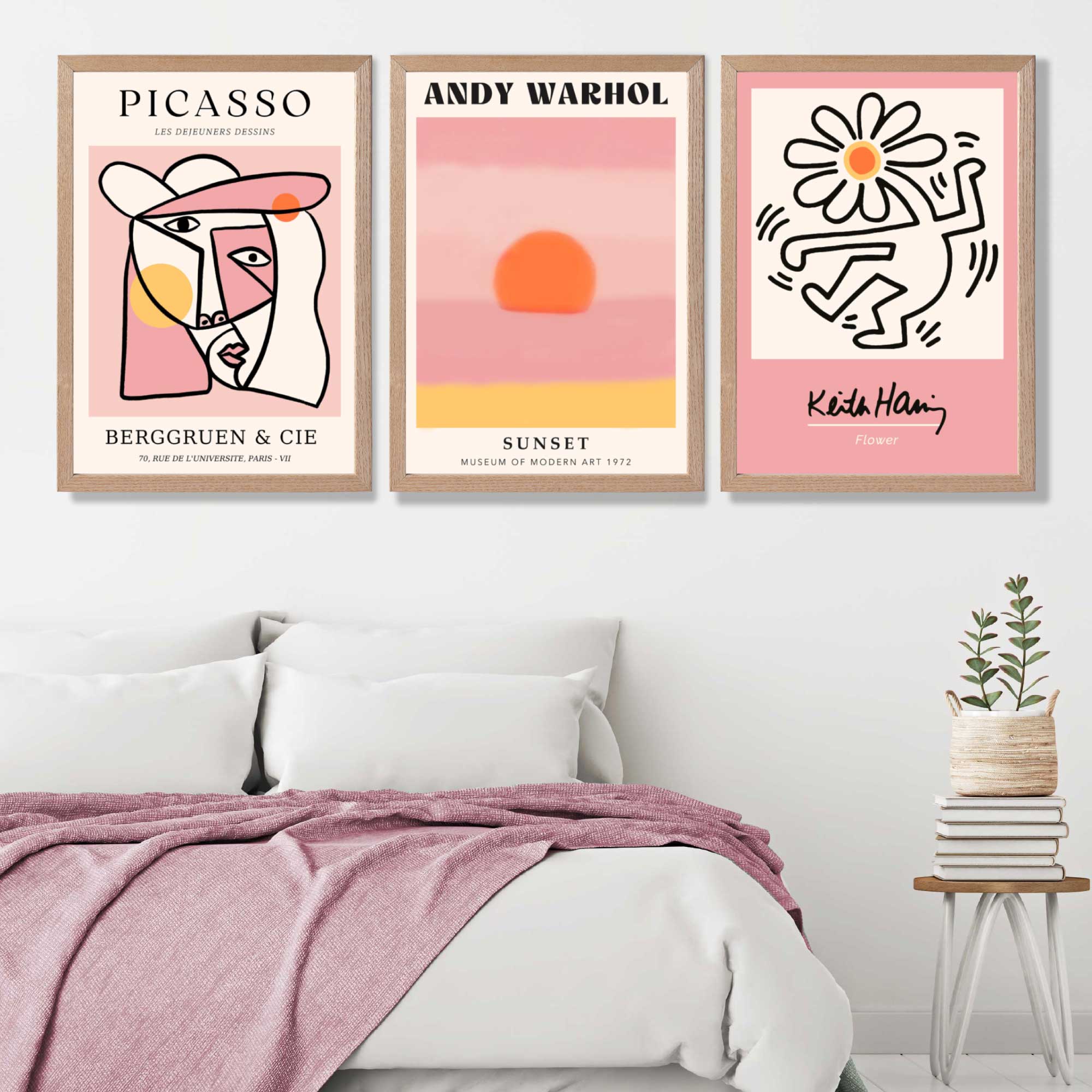 Set of 3 Abstract Picasso Warhol Haring Pink Art Prints in Oak Frames | Artze UK