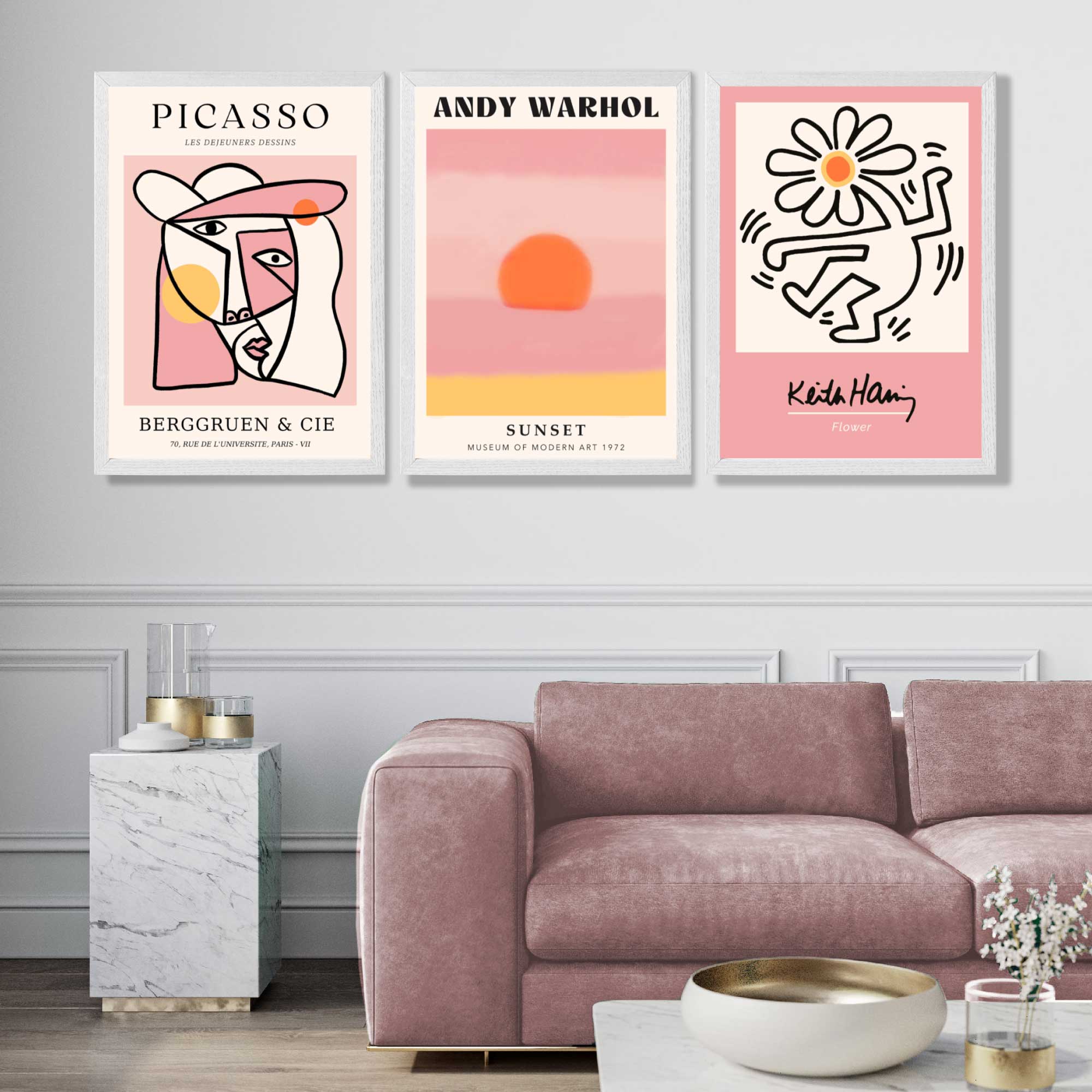 Set of 3 Abstract Picasso Warhol Haring Pink Art Prints in White Frames | Artze UK