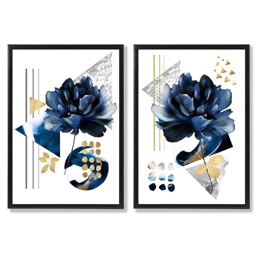 Contemporary Flowers in Blue Set of 2 Art Prints with Black Frame