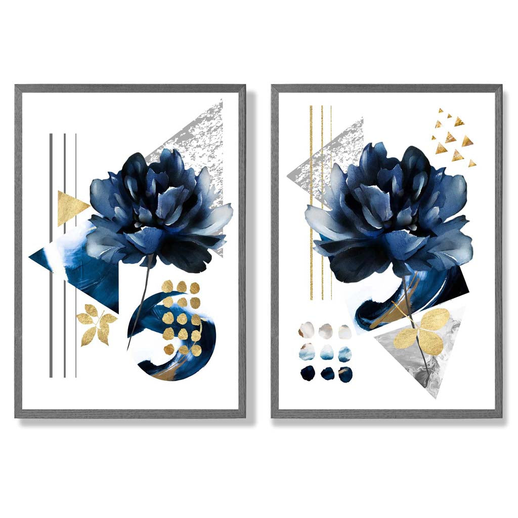 Contemporary Flowers in Blue Set of 2 Art Prints with Dark Grey Frame
