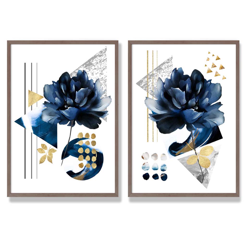 Contemporary Flowers in Blue Set of 2 Art Prints with Walnut Frame