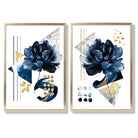 Contemporary Flowers in Blue Set of 2 Art Prints with Gold Frame