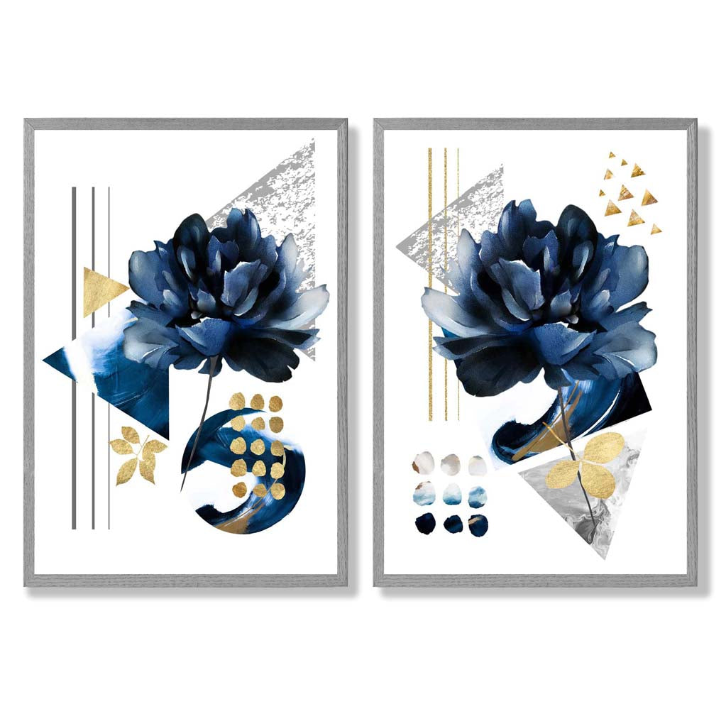 Contemporary Flowers in Blue Set of 2 Art Prints with Light Grey Frame