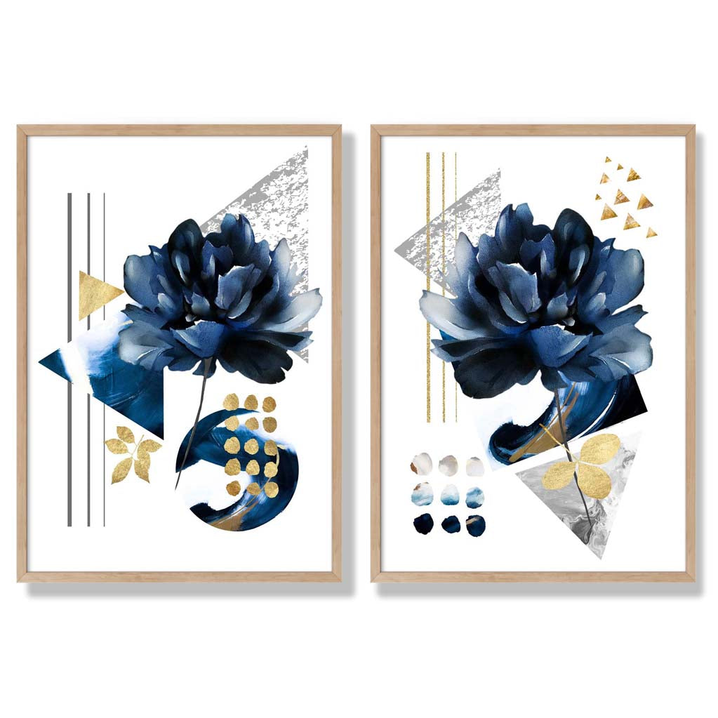 Contemporary Flowers in Blue Set of 2 Art Prints with Oak Frame