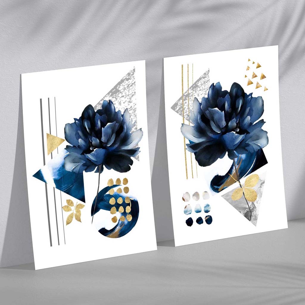 Contemporary Flowers in Blue Set of 2 Art Prints