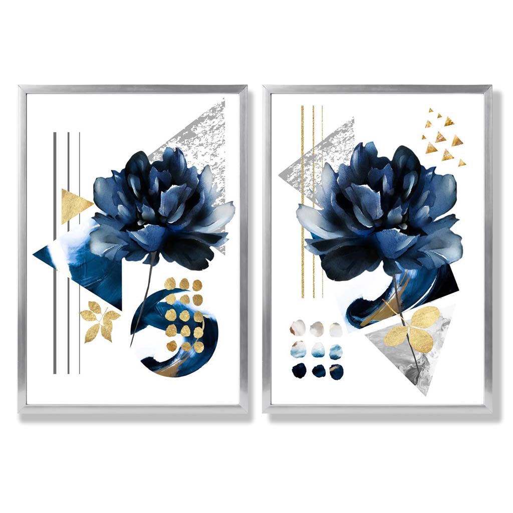 Contemporary Flowers in Blue Set of 2 Art Prints with Silver Frame