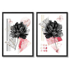 Contemporary Flowers in Black and Pink Set of 2 Art Prints with Black Frame