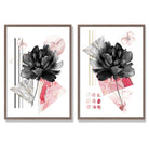 Contemporary Flowers in Black and Pink Set of 2 Art Prints with Walnut Frame