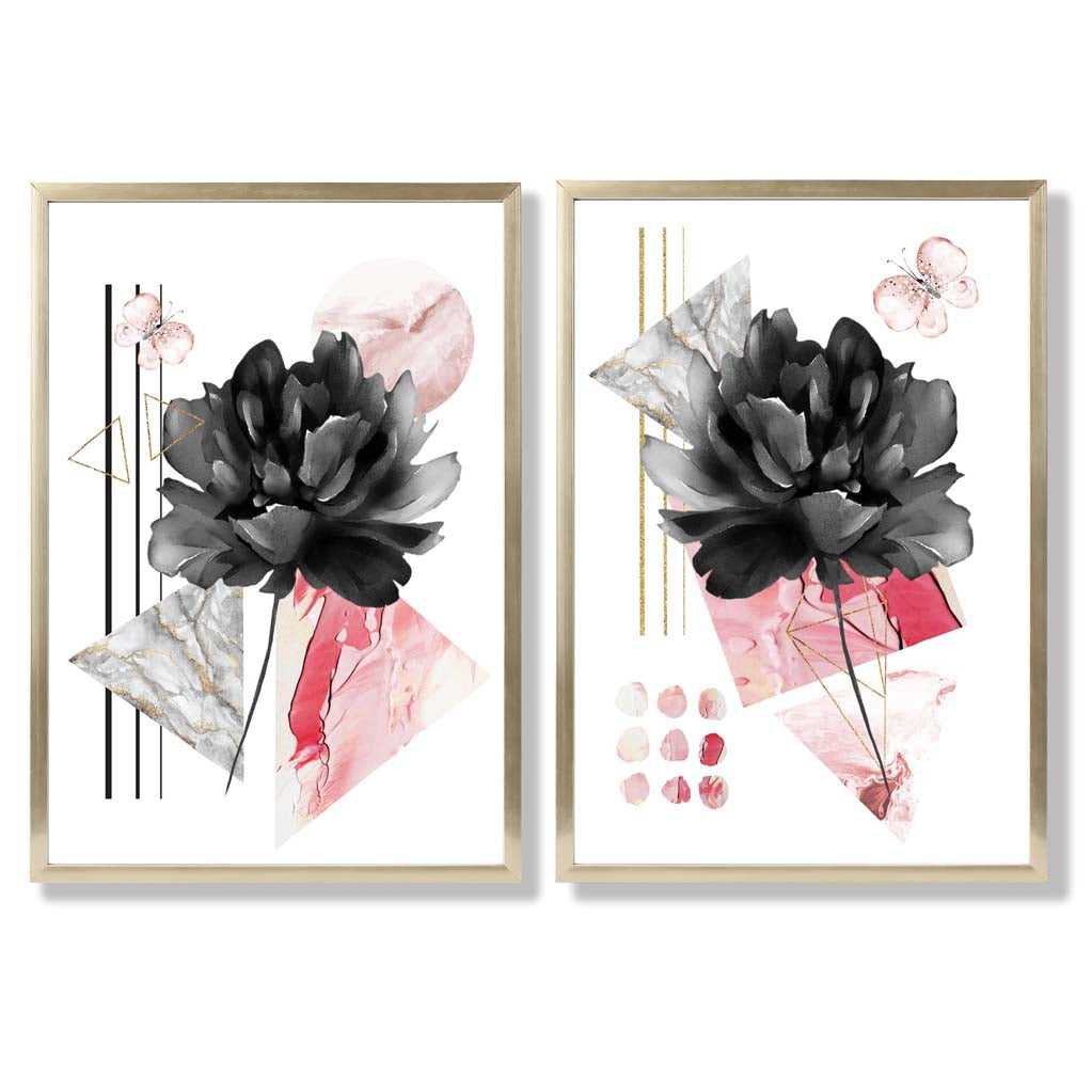 Contemporary Flowers in Black and Pink Set of 2 Art Prints with Gold Frame