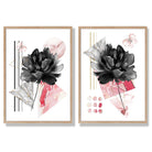 Contemporary Flowers in Black and Pink Set of 2 Art Prints with Oak Frame
