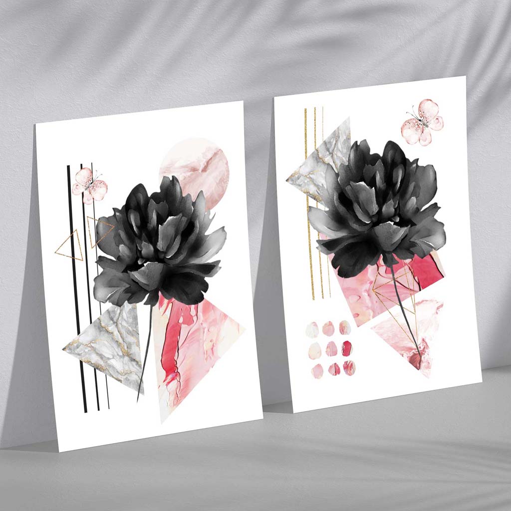 Contemporary Flowers in Black and Pink Set of 2 Art Prints