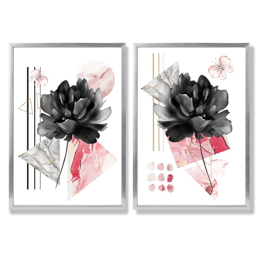 Contemporary Flowers in Black and Pink Set of 2 Art Prints with Silver Frame