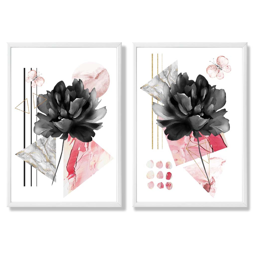 Contemporary Flowers in Black and Pink Set of 2 Art Prints with White Frame