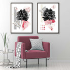 Set of 2 Contemporary Flowers in Black and Pink Prints | Artze Wall Art UK