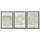 Set of 3 Matisse and William Morris Sage Green Floral Framed Art Prints with Black Wooden Frames