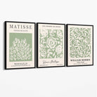 Set of 3 Matisse and William Morris Sage Green Floral Canvas Art Prints with Black Float Frame