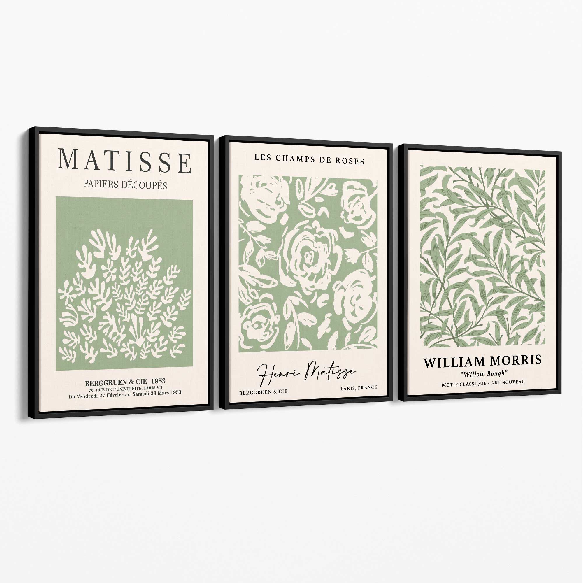 Set of 3 Matisse and William Morris Sage Green Floral Canvas Art Prints with Black Float Frame