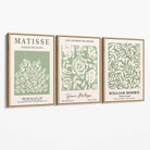 Set of 3 Matisse and William Morris Sage Green Floral Canvas Art Prints with Oak Float Frame