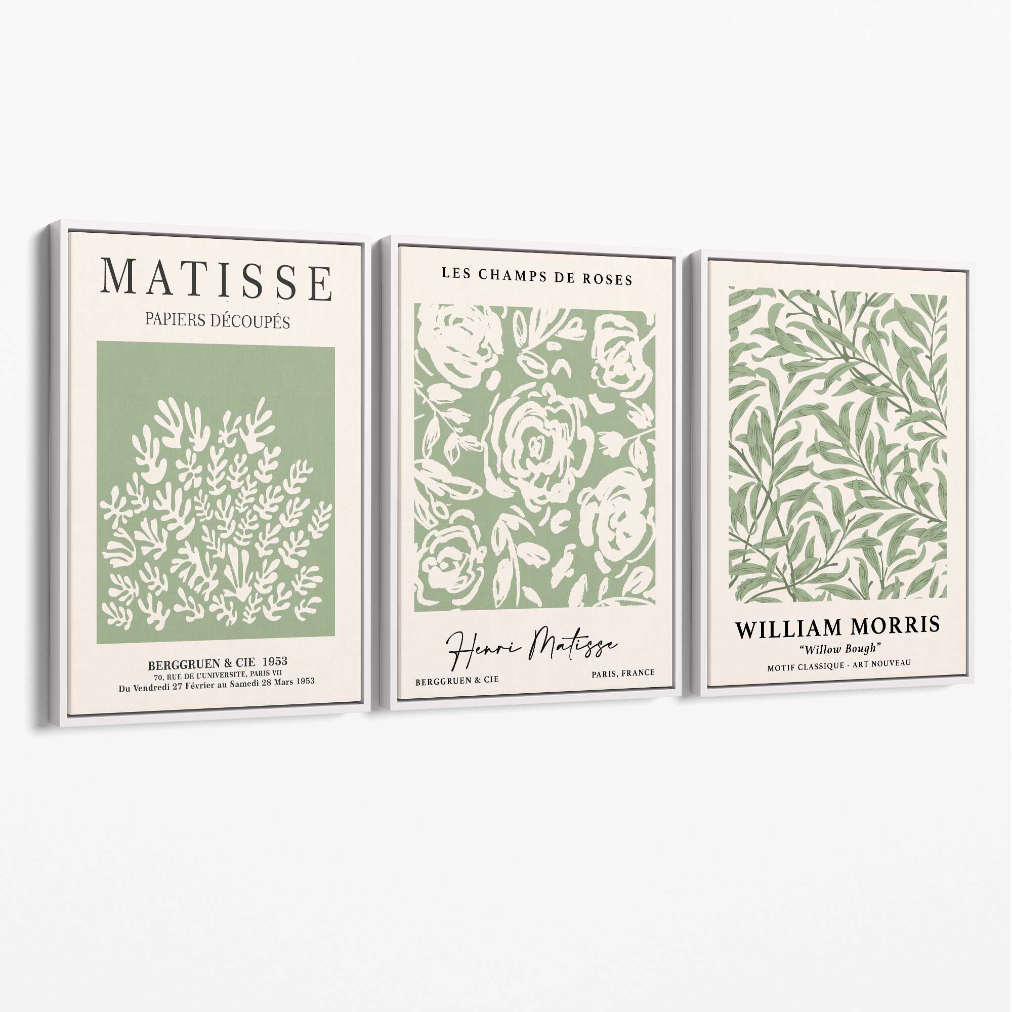 Set of 3 Matisse and William Morris Sage Green Floral Canvas Art Prints with White Float Frame