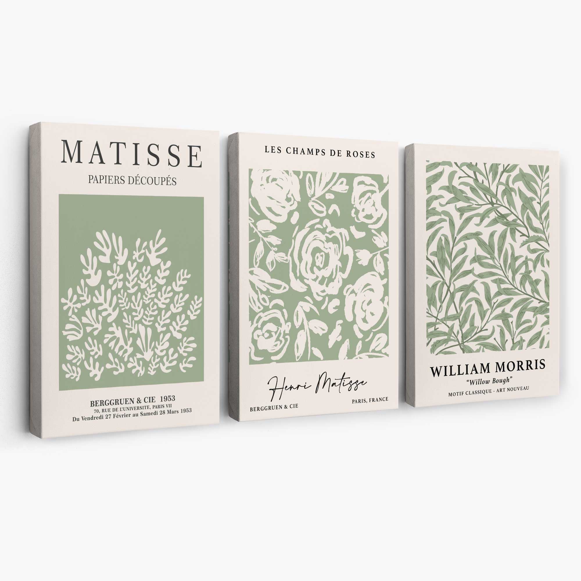 Set of 3 Matisse and William Morris Sage Green Floral Canvas Art Prints | Artze Wall Art