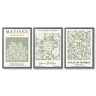 Set of 3 Matisse and William Morris Sage Green Floral Framed Art Prints with Dark Grey Wooden Frames