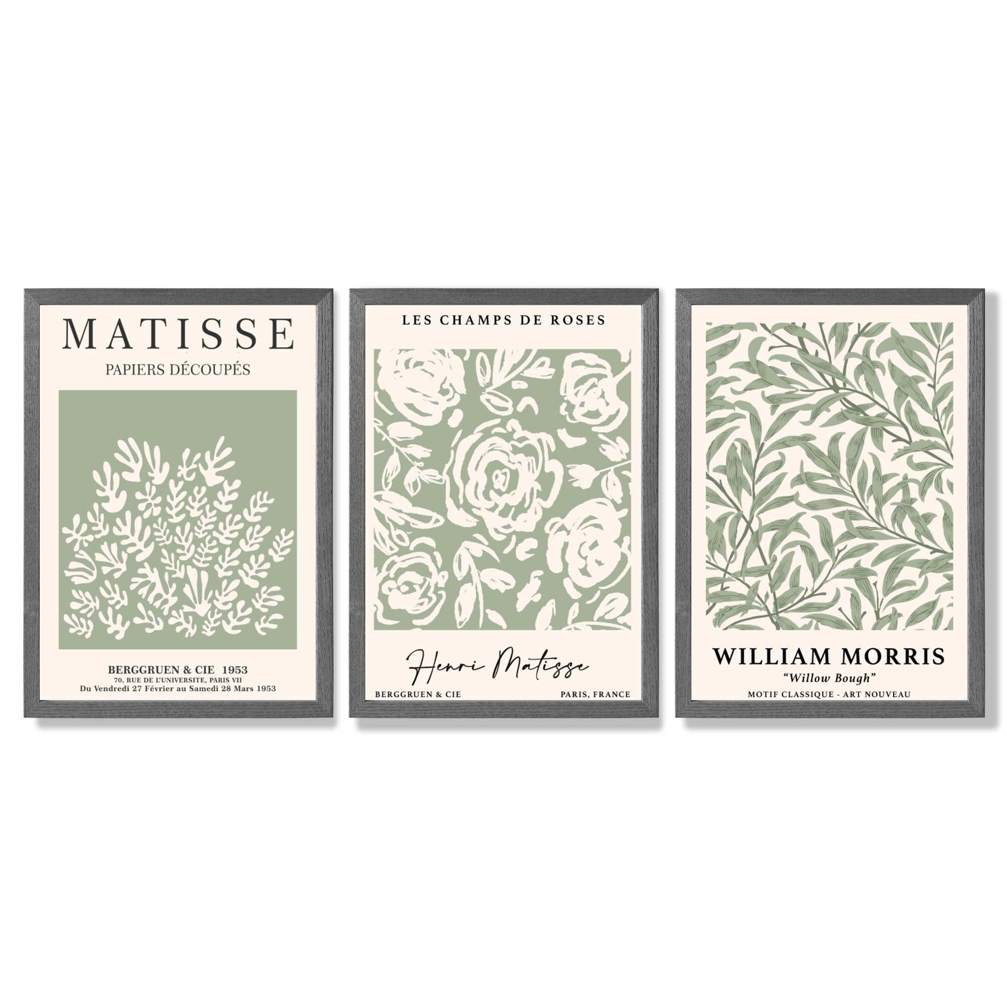 Set of 3 Matisse and William Morris Sage Green Floral Framed Art Prints with Dark Grey Wooden Frames