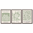 Set of 3 Matisse and William Morris Sage Green Floral Framed Art Prints with Dark Wood Frames