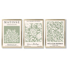 Set of 3 Matisse and William Morris Sage Green Floral Framed Art Prints with Gold Wood Frames