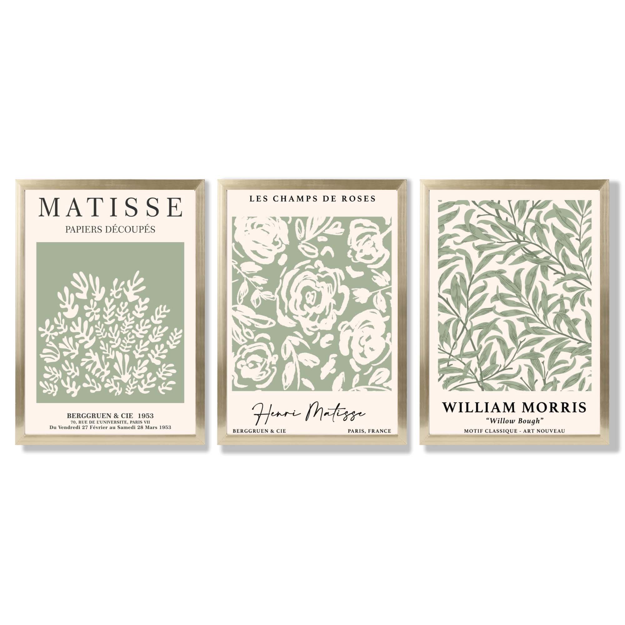 Set of 3 Matisse and William Morris Sage Green Floral Framed Art Prints with Gold Wood Frames