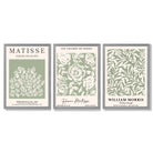 Set of 3 Matisse and William Morris Sage Green Floral Framed Art Prints with Light Grey Wooden Frames