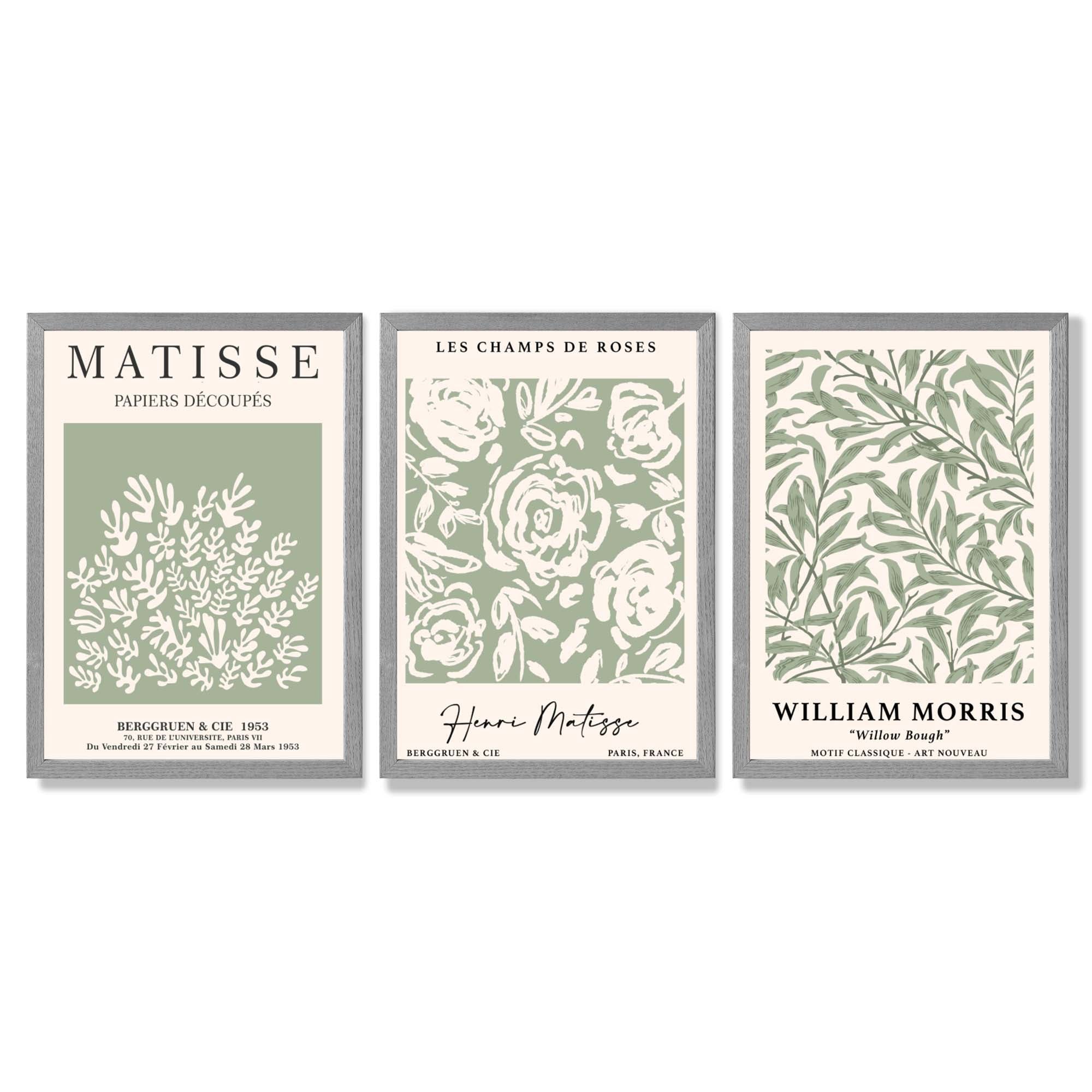 Set of 3 Matisse and William Morris Sage Green Floral Framed Art Prints with Light Grey Wooden Frames