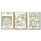 Set of 3 Matisse and William Morris Sage Green Floral Framed Art Prints with Light Oak Frames