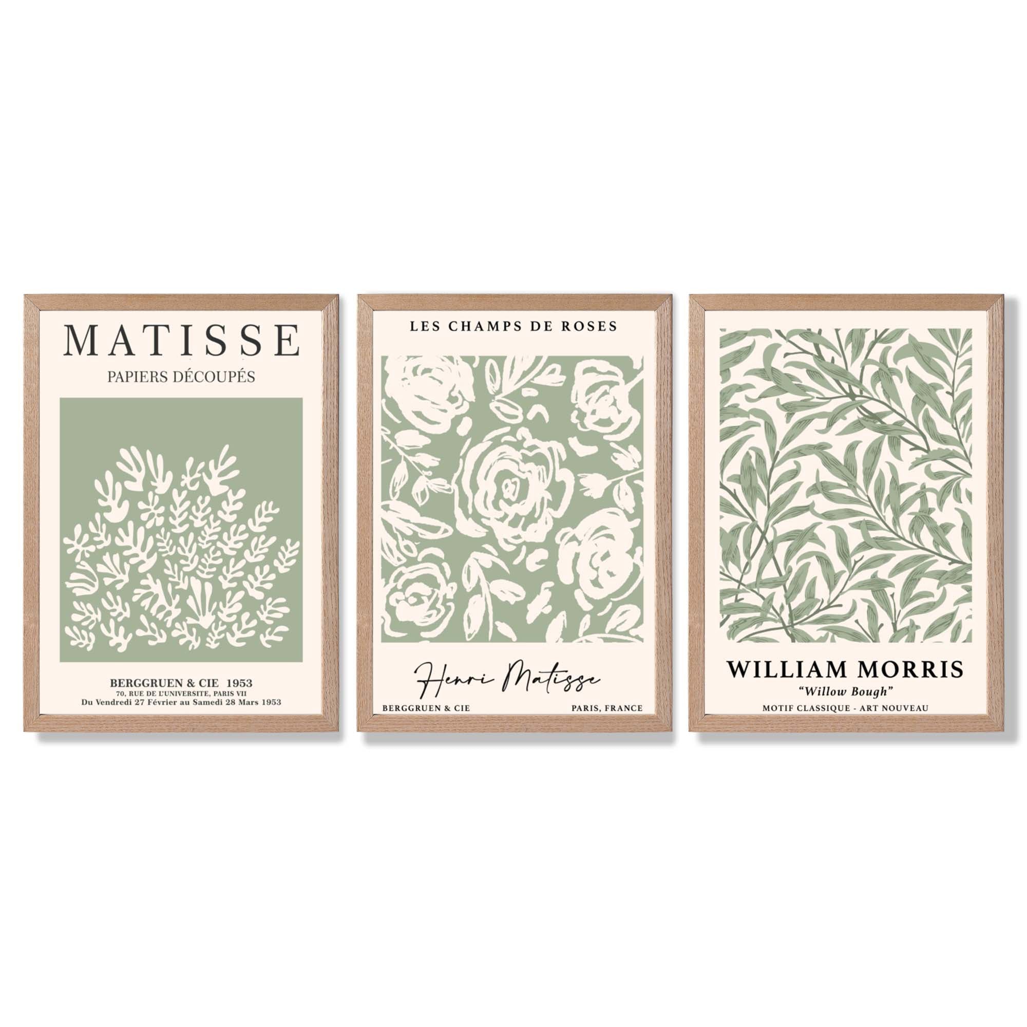 Set of 3 Matisse and William Morris Sage Green Floral Framed Art Prints with Light Oak Frames