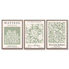 Set of 3 Matisse and William Morris Sage Green Floral Framed Art Prints with Light Walnut Frames