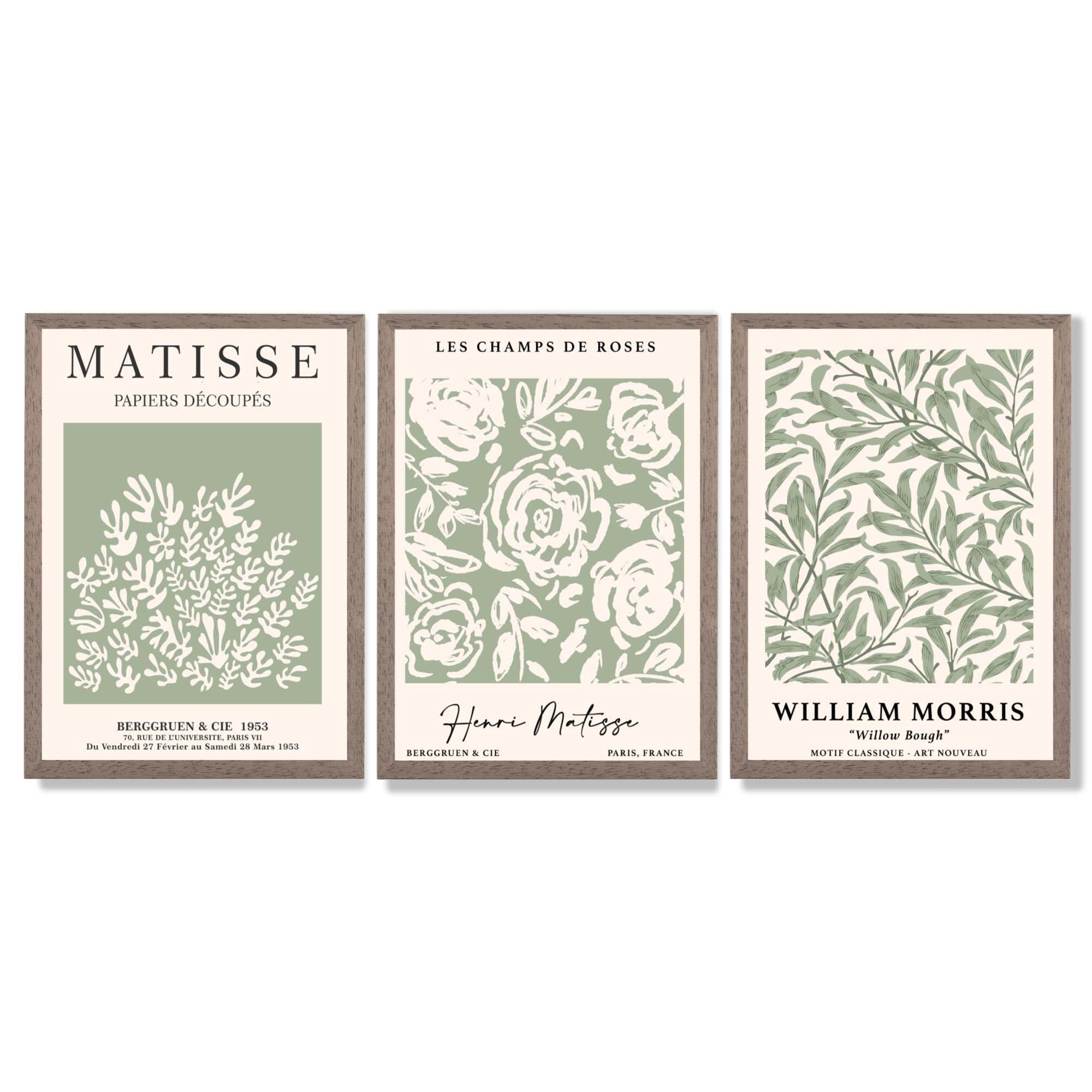 Set of 3 Matisse and William Morris Sage Green Floral Framed Art Prints with Light Walnut Frames
