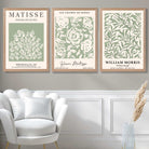 Set of 3 Matisse and William Morris Sage Green Floral Art Prints in White Frames | Artze UK
